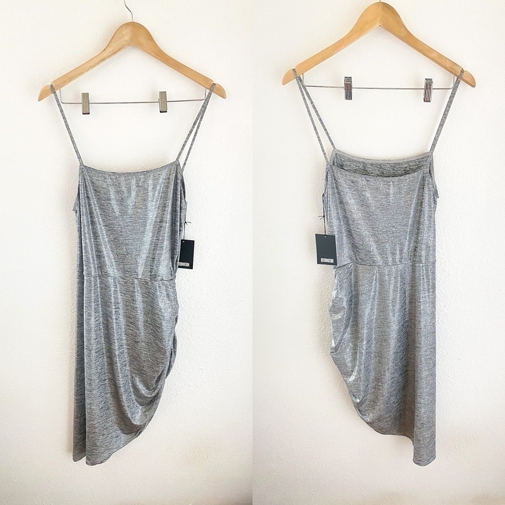 Reformation Dress Flare Ruched Stretchy Asymmetrical Mini‎ Party Silver L NWT